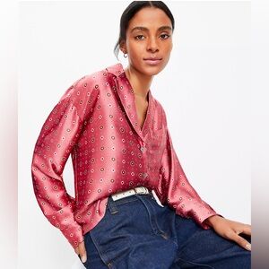 LOFT SATIN FLORAL FOULARD PRINT LAPEL BLOUSE TOP Lychee Pink XL